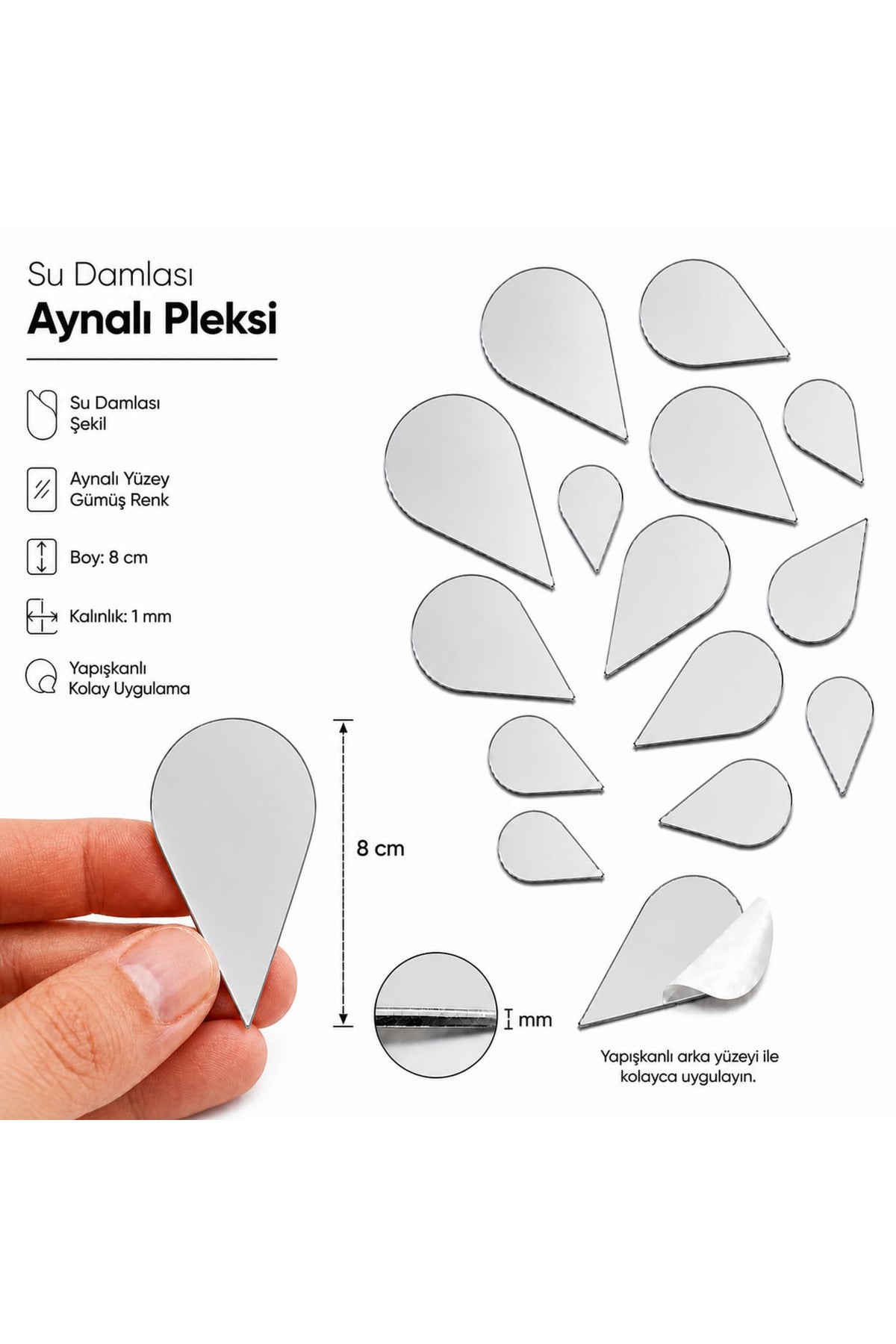8cm Su damlası aynalı pleksi gümüs Renk Mozaik Ayna 8 Adet