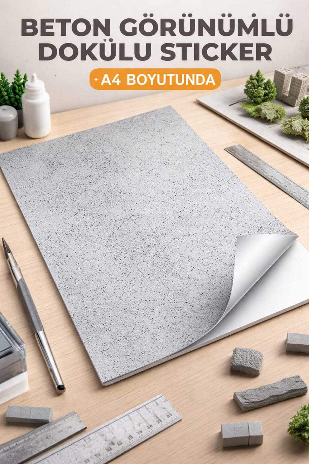 beton sıva görünümlü kendinden yapışkanlı dokulu sticker mimari maket ve hobi çalışmaları için 21x30