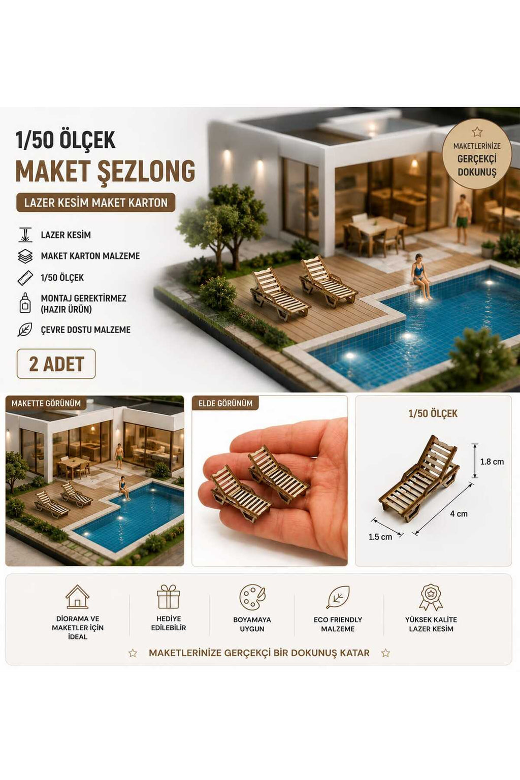1/50 Ölçek Maket Şemsiye ve 2 adet Şezlong Set Lazer Kesim Maket Kartonu Mimari Maket Havuz Bahçe Plaj Seti