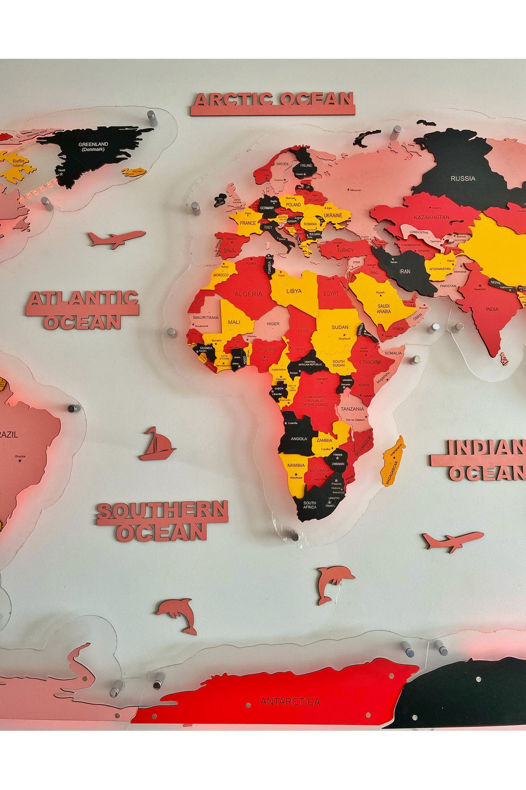 3d Ahşap Dünya Haritası Çok Katmanlı Rgb Led Işıklı Şeffaf Pleksi Üzeri Duvar Dekoru 230cm X 130cm