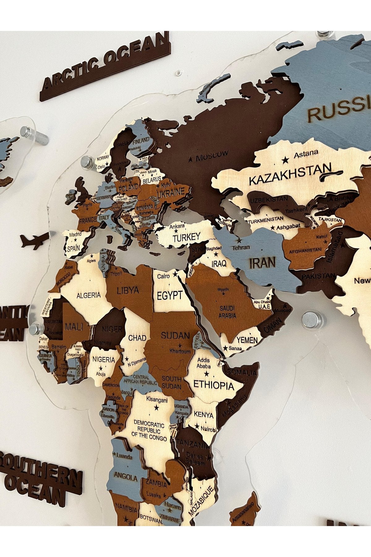 3d Ahşap Dünya Haritası Çok Katmanlı Rgb Led Işıklı Şeffaf Pleksi Üzeri Duvar Dekoru 155cm X 90cm