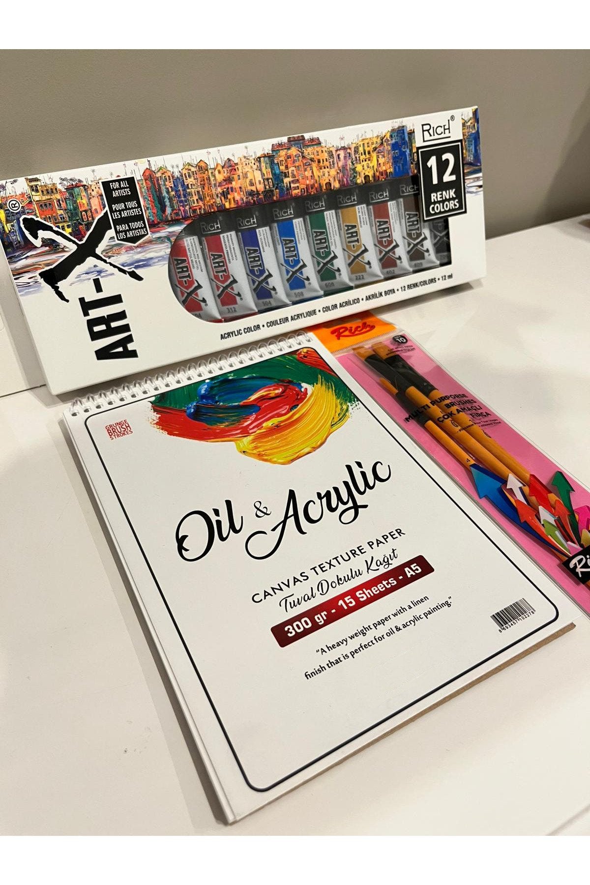 A5 boyut yağlıboya defteri rich12ml yağlıboya 12 li rich 3 lü fırça seti resim sanat hobi boya seti