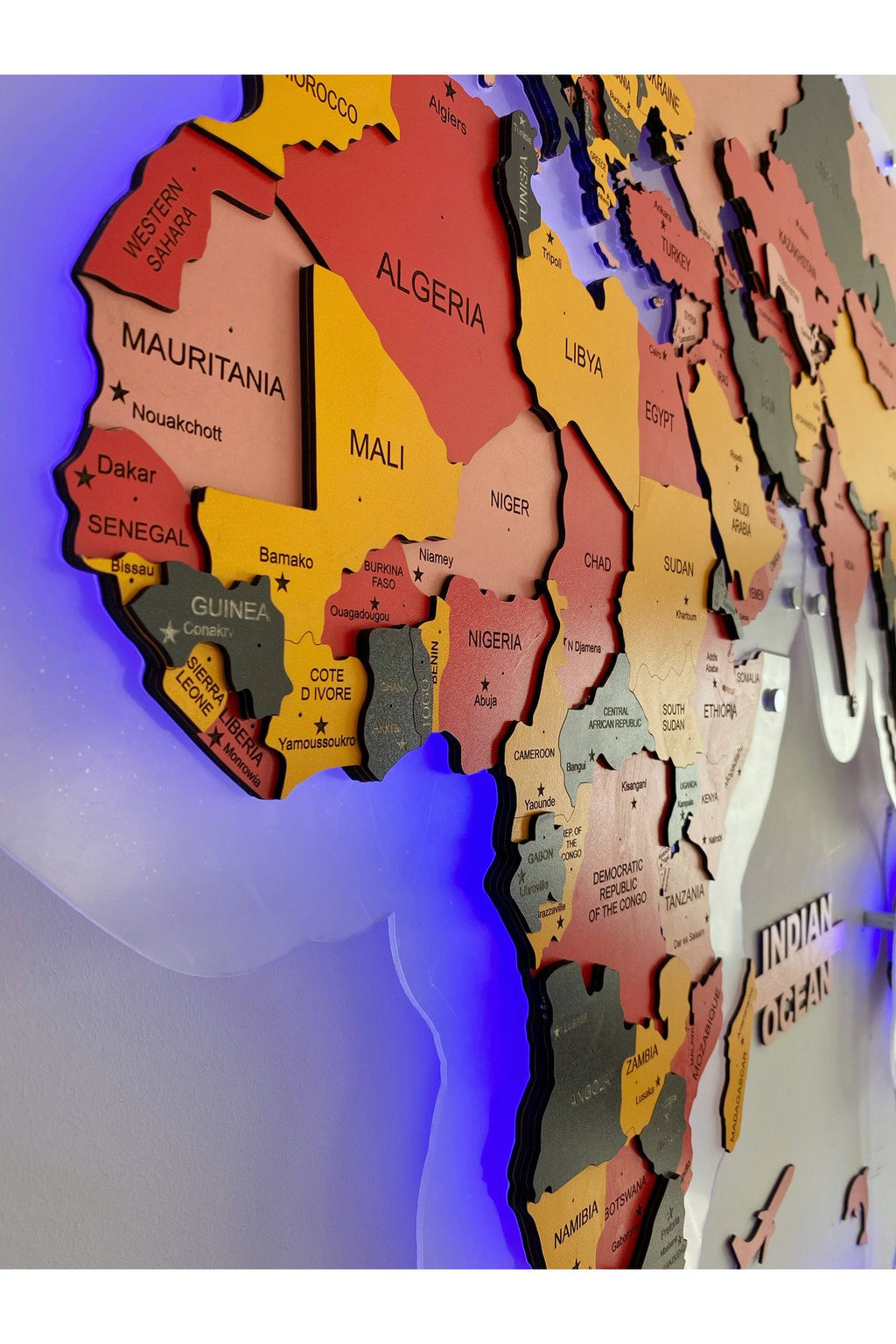 3d Ahşap Dünya Haritası Çok Katmanlı Rgb Led Işıklı Şeffaf Pleksi Üzeri Duvar Dekoru 230cm X 130cm