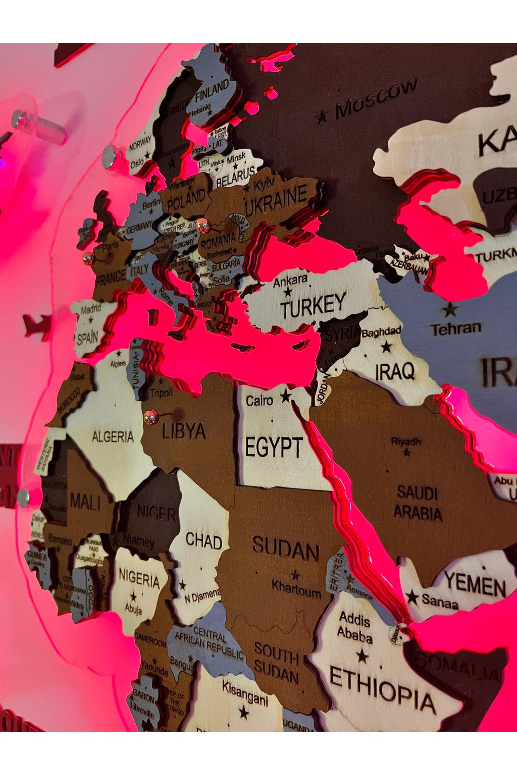 3d Ahşap Dünya Haritası Çok Katmanlı Rgb Led Işıklı Şeffaf Pleksi Üzeri Duvar Dekoru 155cm X 90cm