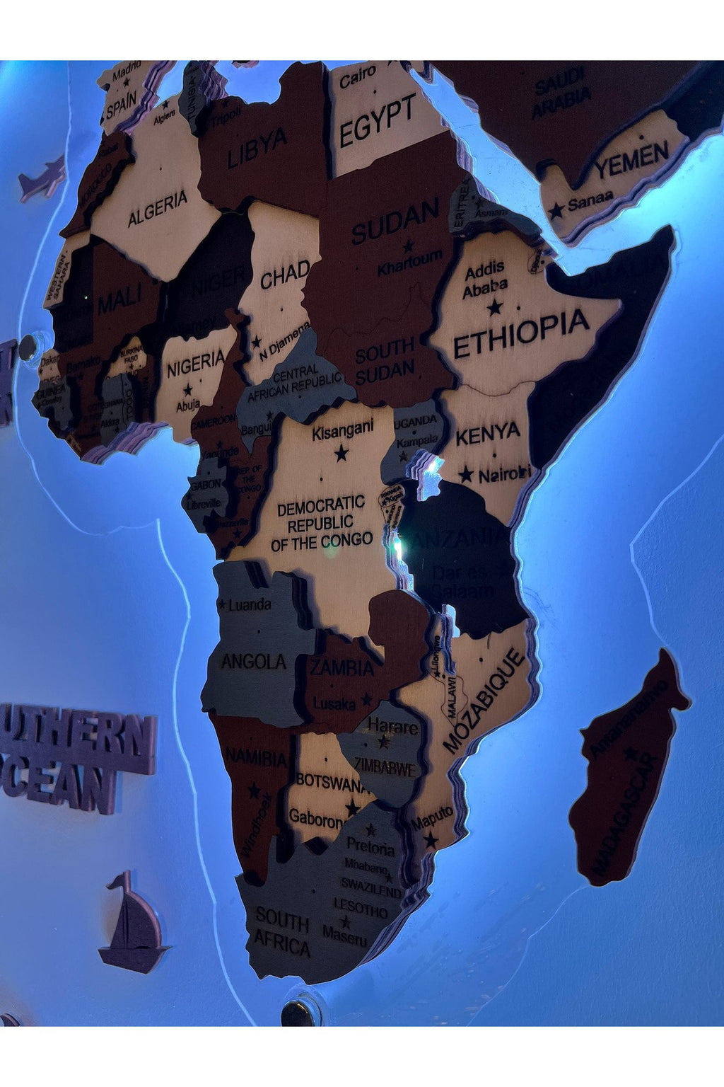 3d Ahşap Dünya Haritası Çok Katmanlı Rgb Led Işıklı Şeffaf Pleksi Üzeri Duvar Dekoru 155cm X 90cm