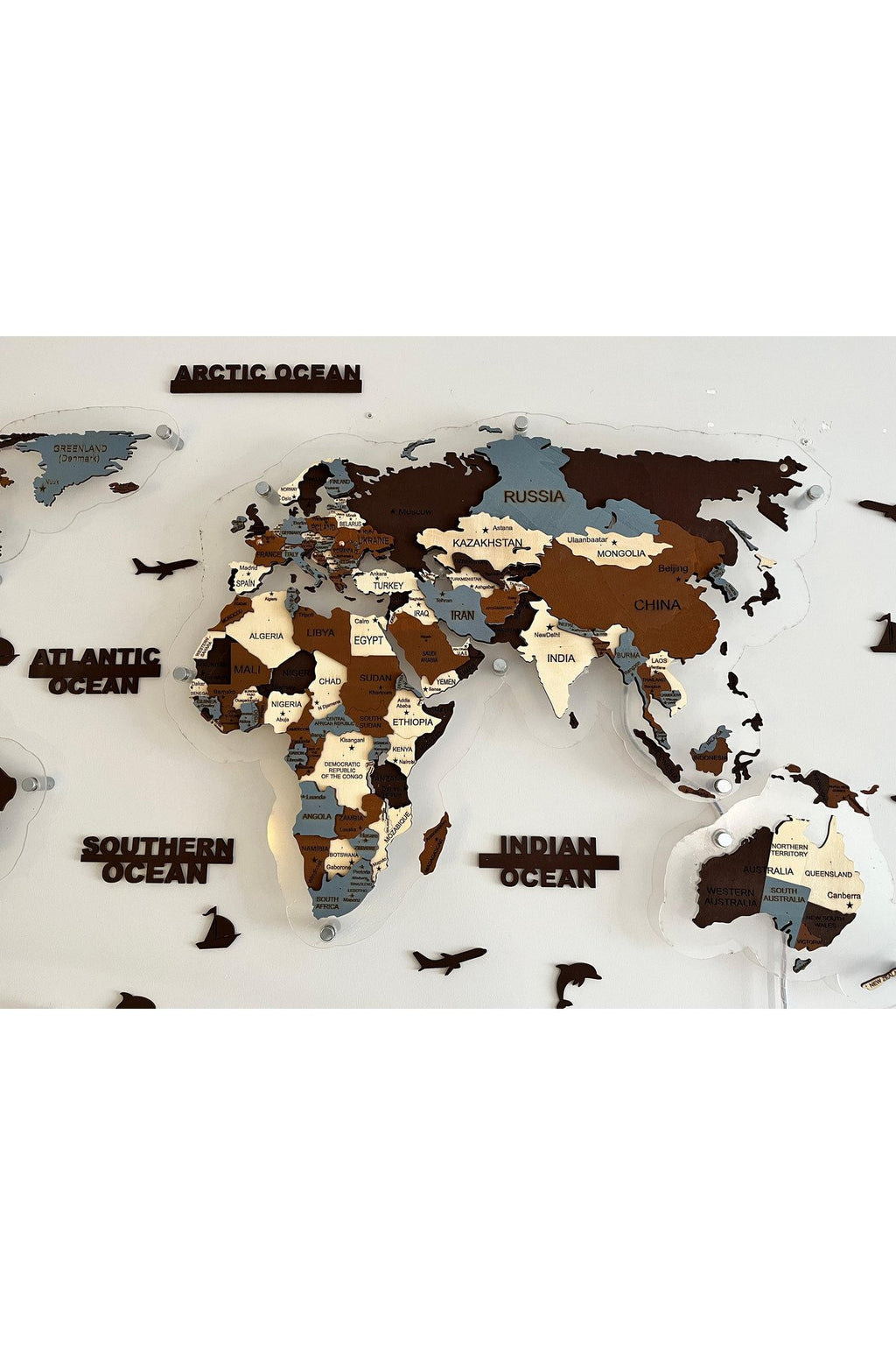 3d Ahşap Dünya Haritası Çok Katmanlı Rgb Led Işıklı Şeffaf Pleksi Üzeri Duvar Dekoru 155cm X 90cm