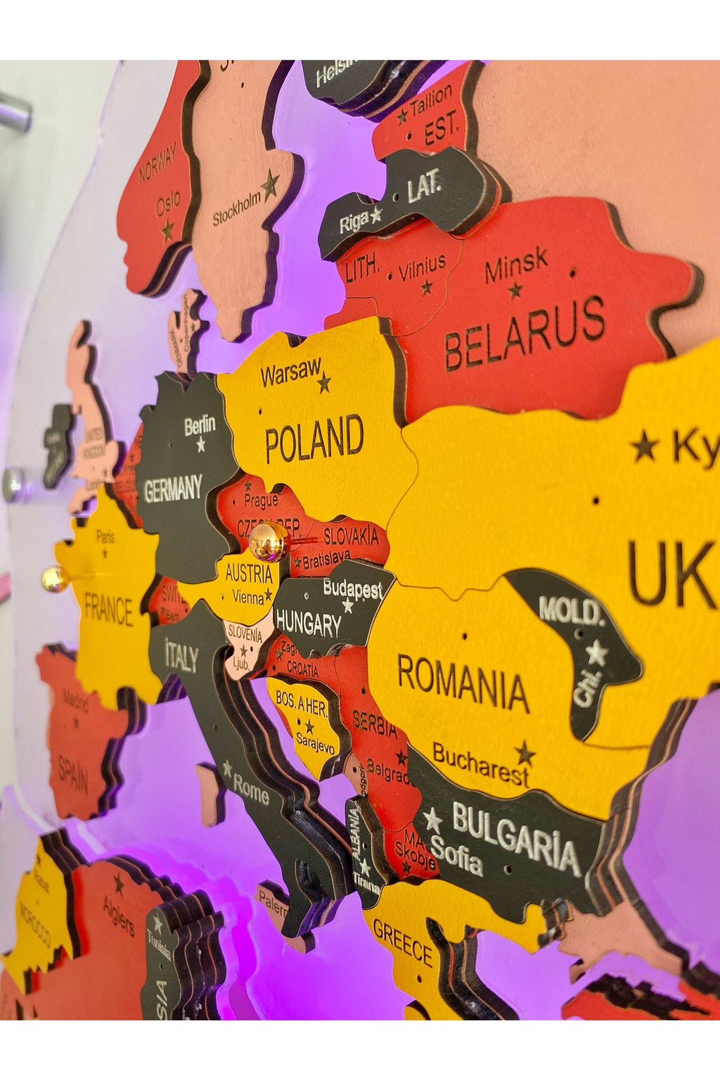 3d Ahşap Dünya Haritası Çok Katmanlı Rgb Led Işıklı Şeffaf Pleksi Üzeri Duvar Dekoru 230cm X 130cm