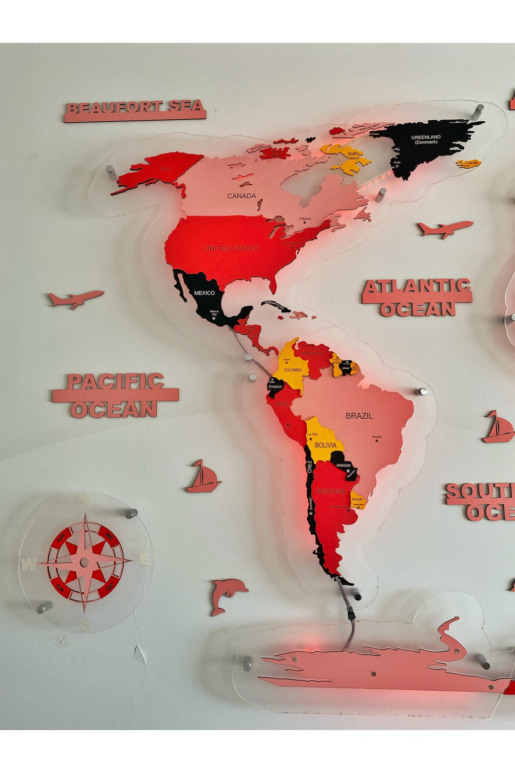 3d Ahşap Dünya Haritası Çok Katmanlı Rgb Led Işıklı Şeffaf Pleksi Üzeri Duvar Dekoru 230cm X 130cm