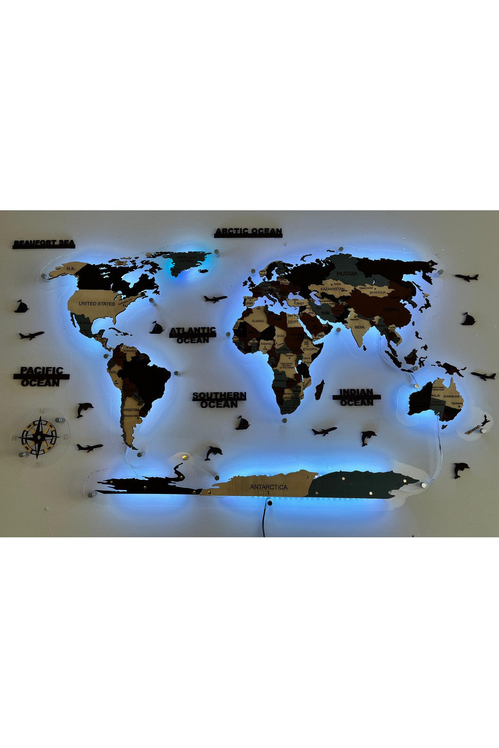 3d Ahşap Dünya Haritası Çok Katmanlı Rgb Led Işıklı Şeffaf Pleksi Üzeri Duvar Dekoru 155cm X 90cm