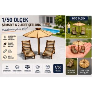 1/50 Ölçek Maket Şemsiye ve 2 adet Şezlong Set Lazer Kesim Maket Kartonu Mimari Maket Havuz Bahçe Plaj Seti