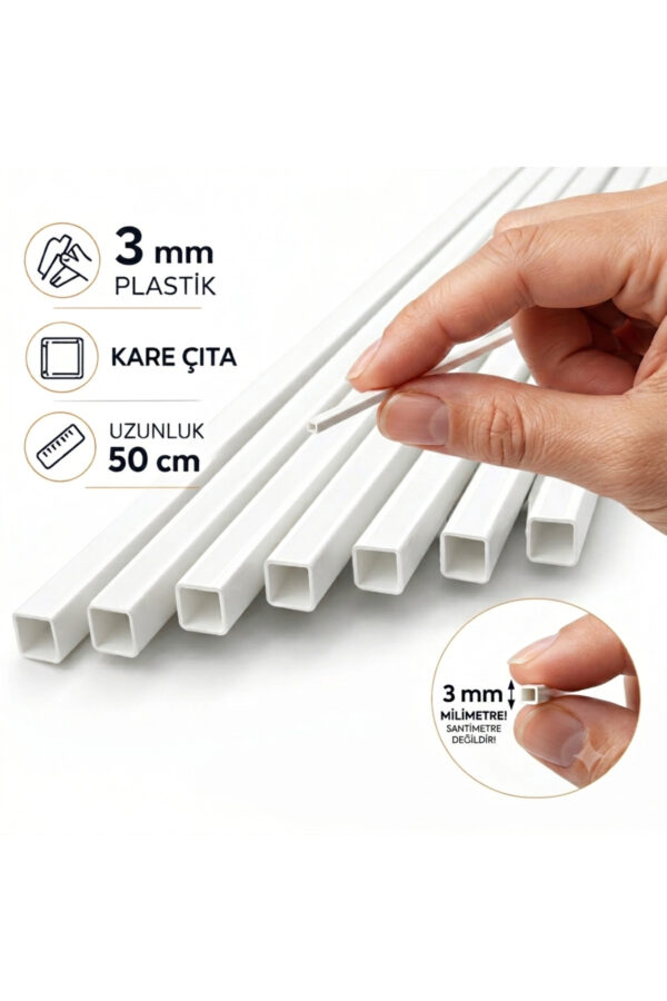 5 adet beyaz plastik kare çıta 3mm 50cm