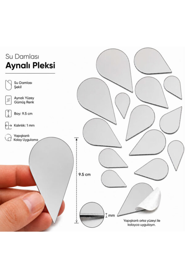 9,5cm Su damlası aynalı pleksi gümüs Renk Mozaik Ayna 6 Adet