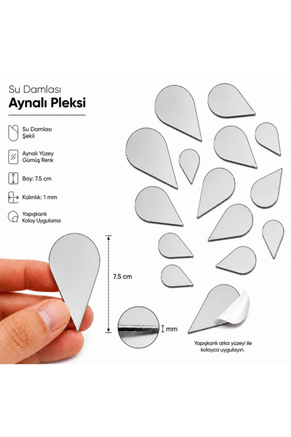 7,5cm Su damlası aynalı pleksi gümüs Renk Mozaik Ayna 10 Adet