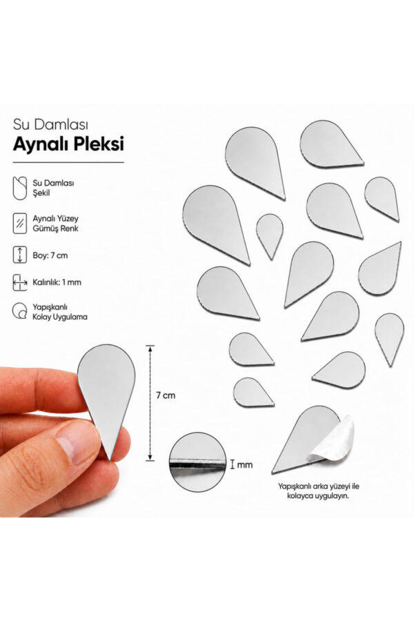 7cm Su damlası aynalı pleksi gümüs Renk Mozaik Ayna 12 Adet