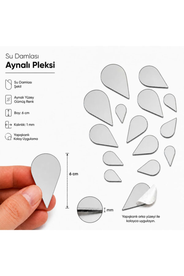 6cm Su damlası aynalı pleksi gümüs Renk Mozaik Ayna 15 Adet