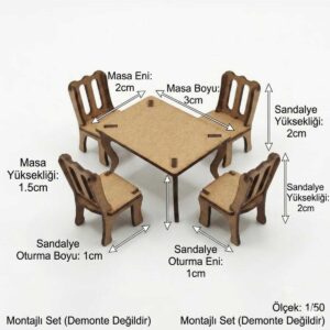 1/50 Ölçek Maket dikdörtgen Masa Sandalye Seti Lazer Kesim Montajlı Minyatür Mobilya tefrişi (4 Sandalye + 1 Masa)