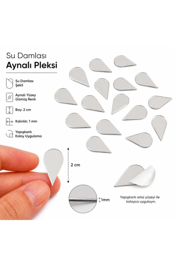 2cm Su Damlası Gümüs Renk Pleksi Yapışkanlı Mozaik Ayna 50 Adet