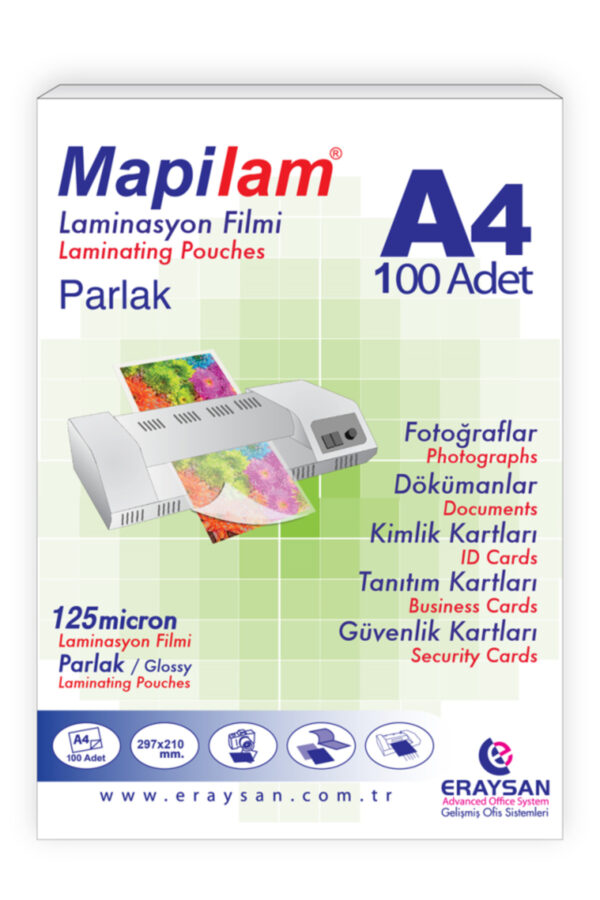Mapilam 125 Micron Parlak Laminasyon Filmi (A4) 100 Lü Mapilam 125 Micron Parlak Laminasyon Filmi (A4) 100 Lü
