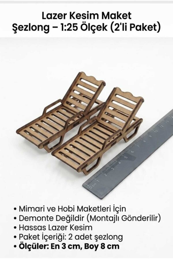 1/25 Ölçek Maket 2 adet Şezlong Set Lazer Kesim Maket Kartonu Mimari Maket Havuz Bahçe Plaj Seti