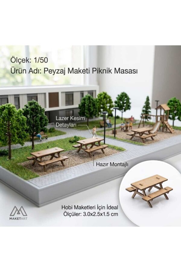 2 adet Minyatür Piknik Masası 1/50 Ölçek Maket Malzemesi Lazer Kesim Hazır Montajlı
