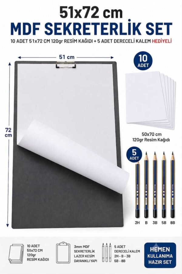 50x70 cm 3 mm MDF Sekreterlik Çizim Altlığı Seti 10 Adet 120 gr Resim Kağıdı ve 5'li Dereceli Kalem Seti 50x70 cm 3 mm MDF Sekreterlik Çizim Altlığı Seti 10 Adet 120 gr Resim Kağıdı ve 5'li Dereceli Kalem Seti