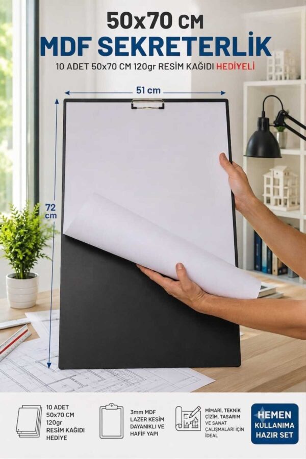 50x70 cm 3 mm MDF Sekreterlik Çizim Altlığı Seti 10 Adet 120 gr Resim Kağıdı ve 5'li Dereceli Kalem Seti 50x70 cm 3 mm MDF Sekreterlik Çizim Altlığı Seti 10 Adet 120 gr Resim Kağıdı ve 5'li Dereceli Kalem Seti