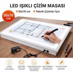 LED Işıklı Teknik Proje Çizim Masası 50x70 cm - Profesyonel Masaüstü Işıklı Mimari ve Teknik Resim Masası LED Işıklı Teknik Proje Çizim Masası 50x70 cm - Profesyonel Masaüstü Işıklı Mimari ve Teknik Resim Masası