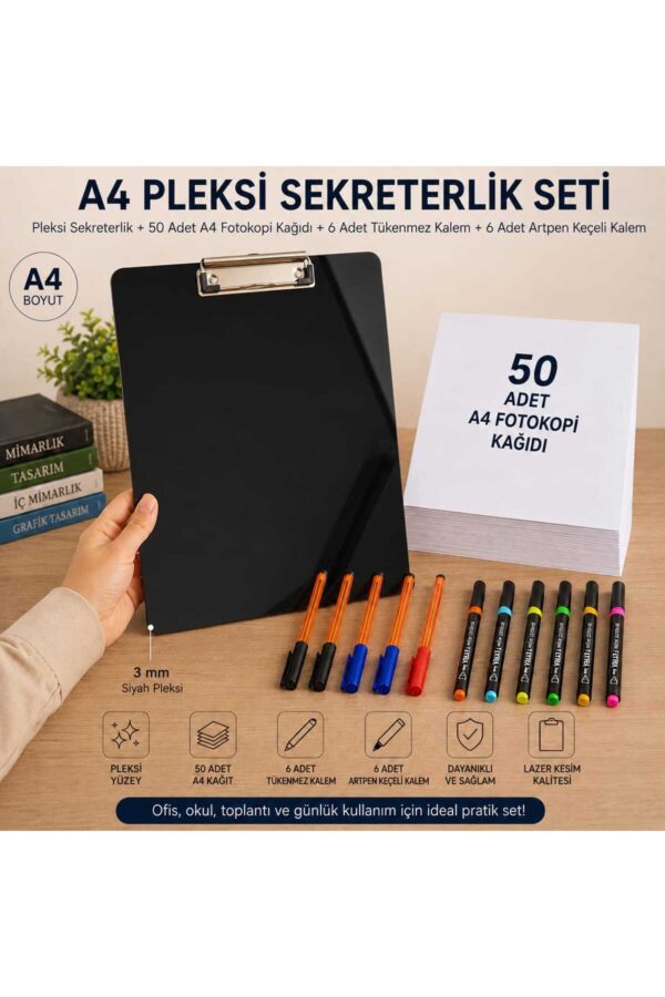 A4 Pleksi Sekreterlik Seti 2.8 mm Pleksi | 50 Adet A4 Fotokopi Kağıdı + 6 Tükenmez Kalem + 6 Artpen Keçeli Kalem A4 Pleksi Sekreterlik Seti 2.8 mm Pleksi | 50 Adet A4 Fotokopi Kağıdı + 6 Tükenmez Kalem + 6 Artpen Keçeli Kalem