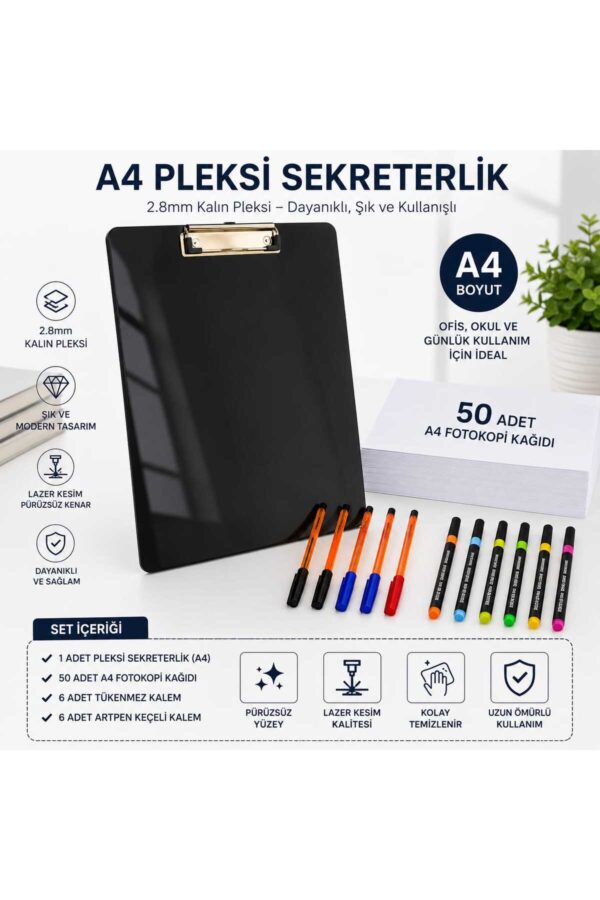 A4 Pleksi Sekreterlik Seti 2.8 mm Pleksi | 50 Adet A4 Fotokopi Kağıdı + 6 Tükenmez Kalem + 6 Artpen Keçeli Kalem A4 Pleksi Sekreterlik Seti 2.8 mm Pleksi | 50 Adet A4 Fotokopi Kağıdı + 6 Tükenmez Kalem + 6 Artpen Keçeli Kalem