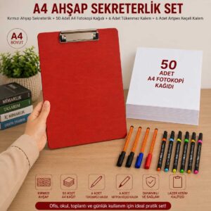 kırmızı A4 Ahşap Sekreterlik Seti 3 mm MDF | 50 Yaprak A4 Fotokopi Kağıdı + 6 Tükenmez Kalem + 6 Artpen Keçeli Kalem | Okul Ofis Çizim Yazı Panosu kırmızı A4 Ahşap Sekreterlik Seti 3 mm MDF | 50 Yaprak A4 Fotokopi Kağıdı + 6 Tükenmez Kalem + 6 Artpen Keçeli Kalem | Okul Ofis Çizim Yazı Panosu