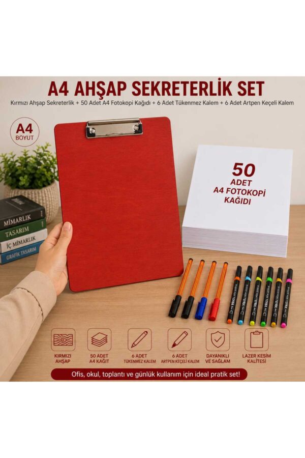 kırmızı A4 Ahşap Sekreterlik Seti 3 mm MDF | 50 Yaprak A4 Fotokopi Kağıdı + 6 Tükenmez Kalem + 6 Artpen Keçeli Kalem | Okul Ofis Çizim Yazı Panosu kırmızı A4 Ahşap Sekreterlik Seti 3 mm MDF | 50 Yaprak A4 Fotokopi Kağıdı + 6 Tükenmez Kalem + 6 Artpen Keçeli Kalem | Okul Ofis Çizim Yazı Panosu