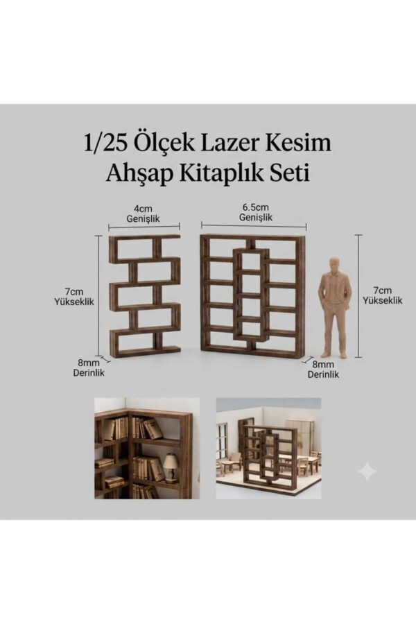 1/25 Ölçek Lazer Kesim Ahşap Kitaplık Seti Mini Mobilya Maket Mimari Model Parçaları (2'li Set)