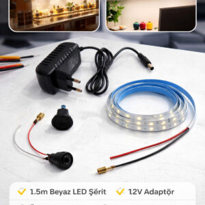 1.5 Metre Beyaz LED Aydınlatma Seti Adaptörlü Anahtarlı Model Maket, Vitrin ve Çalışma Masası İçin 1.5 Metre Beyaz LED Aydınlatma Seti Adaptörlü Anahtarlı Model Maket, Vitrin ve Çalışma Masası İçin