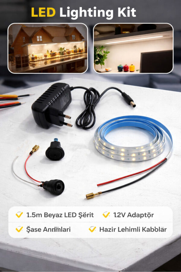 1.5 Metre Beyaz LED Aydınlatma Seti Adaptörlü Anahtarlı Model Maket, Vitrin ve Çalışma Masası İçin