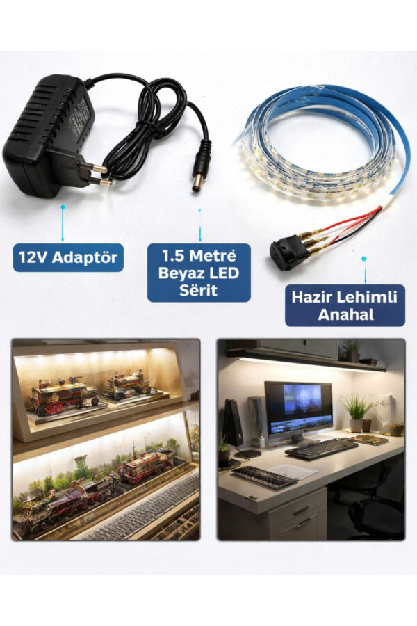 1.5 Metre Beyaz LED Aydınlatma Seti Adaptörlü Anahtarlı Model Maket, Vitrin ve Çalışma Masası İçin