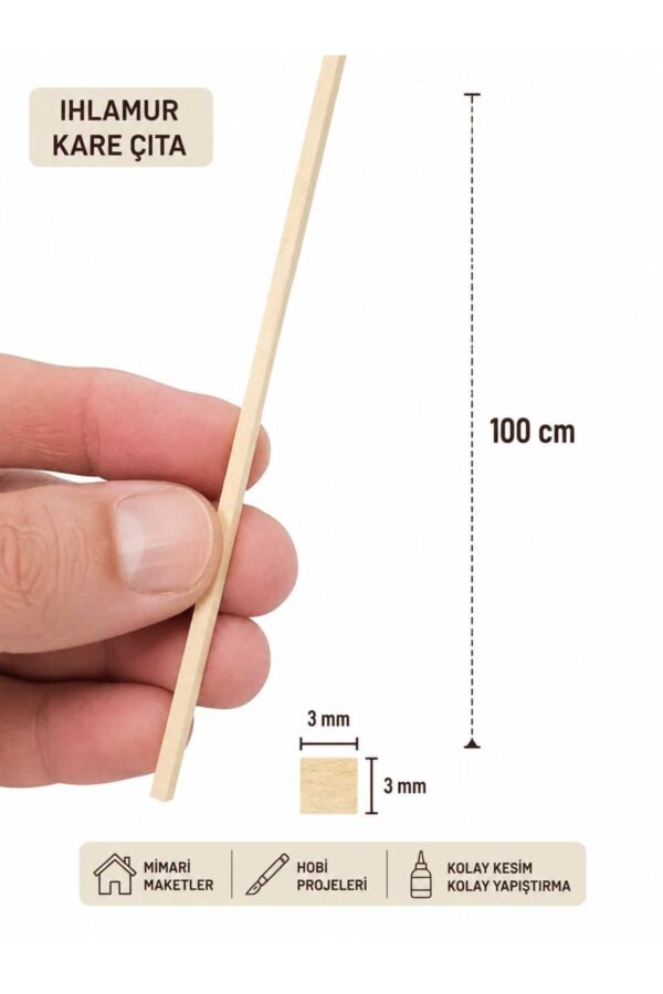 20 Adet 3x3 mm Ihlamur Çıta 1 Metre | Maket, Hobi, El İşi Ahşap Çubuk – Pürüzsüz Kesim