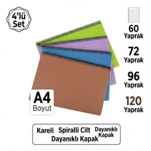 A4 Boyut 4'lü Set Kareli Spiralli Defter - 60, 72, 96, 120 Yaprak Karışık Renk Kapak