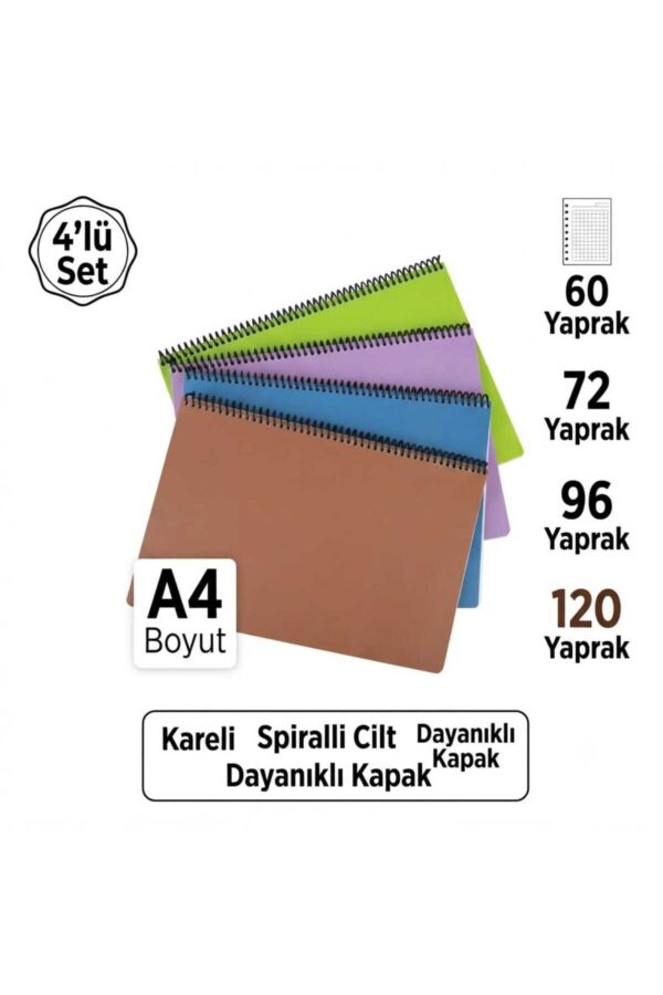 A4 Boyut 4'lü Set Kareli Spiralli Defter - 60, 72, 96, 120 Yaprak Karışık Renk Kapak A4 Boyut 4'lü Set Kareli Spiralli Defter - 60, 72, 96, 120 Yaprak Karışık Renk Kapak