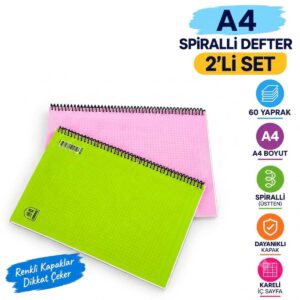 A4 Spiralli Kareli Defter 60 Yaprak Karışık Renk Dayanıklı Kapak 2'li Set