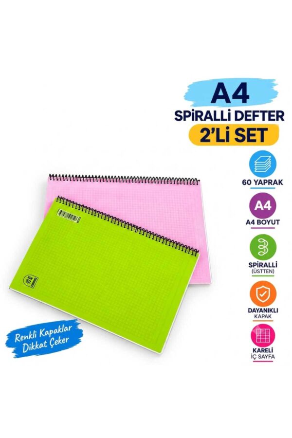 A4 Spiralli Kareli Defter 60 Yaprak Karışık Renk Dayanıklı Kapak 2'li Set A4 Spiralli Kareli Defter 60 Yaprak Karışık Renk Dayanıklı Kapak 2'li Set