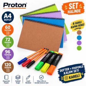 A4 Boyut 4'lü Set Kareli Spiralli Defter - 60, 72, 96, 120 Yaprak Karışık Renk Kapak 3 adet fosforlu kalem 3 adet tükenmez kalem