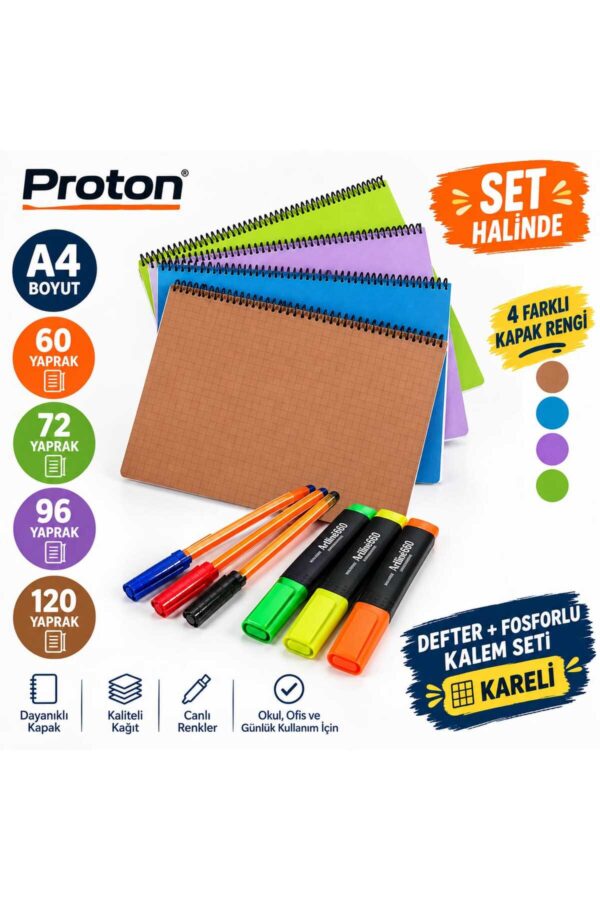 A4 Boyut 4'lü Set Kareli Spiralli Defter - 60, 72, 96, 120 Yaprak Karışık Renk Kapak 3 adet fosforlu kalem 3 adet tükenmez kalem A4 Boyut 4'lü Set Kareli Spiralli Defter - 60, 72, 96, 120 Yaprak Karışık Renk Kapak 3 adet fosforlu kalem 3 adet tükenmez kalem