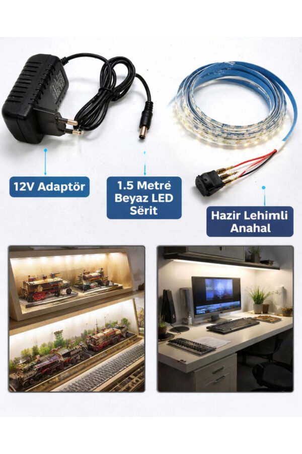 1.5 Metre Beyaz LED Aydınlatma Seti Adaptörlü Anahtarlı Model Maket, Vitrin ve Çalışma Masası İçin