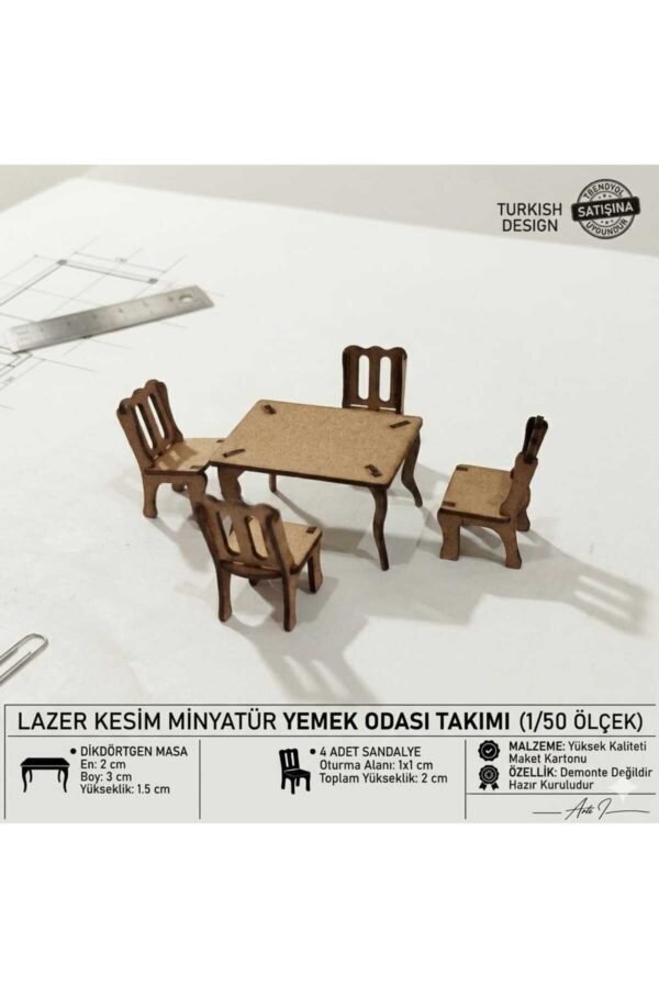 1/50 Ölçek Maket dikdörtgen Masa Sandalye Seti Lazer Kesim Montajlı Minyatür Mobilya tefrişi (4 Sandalye + 1 Masa)