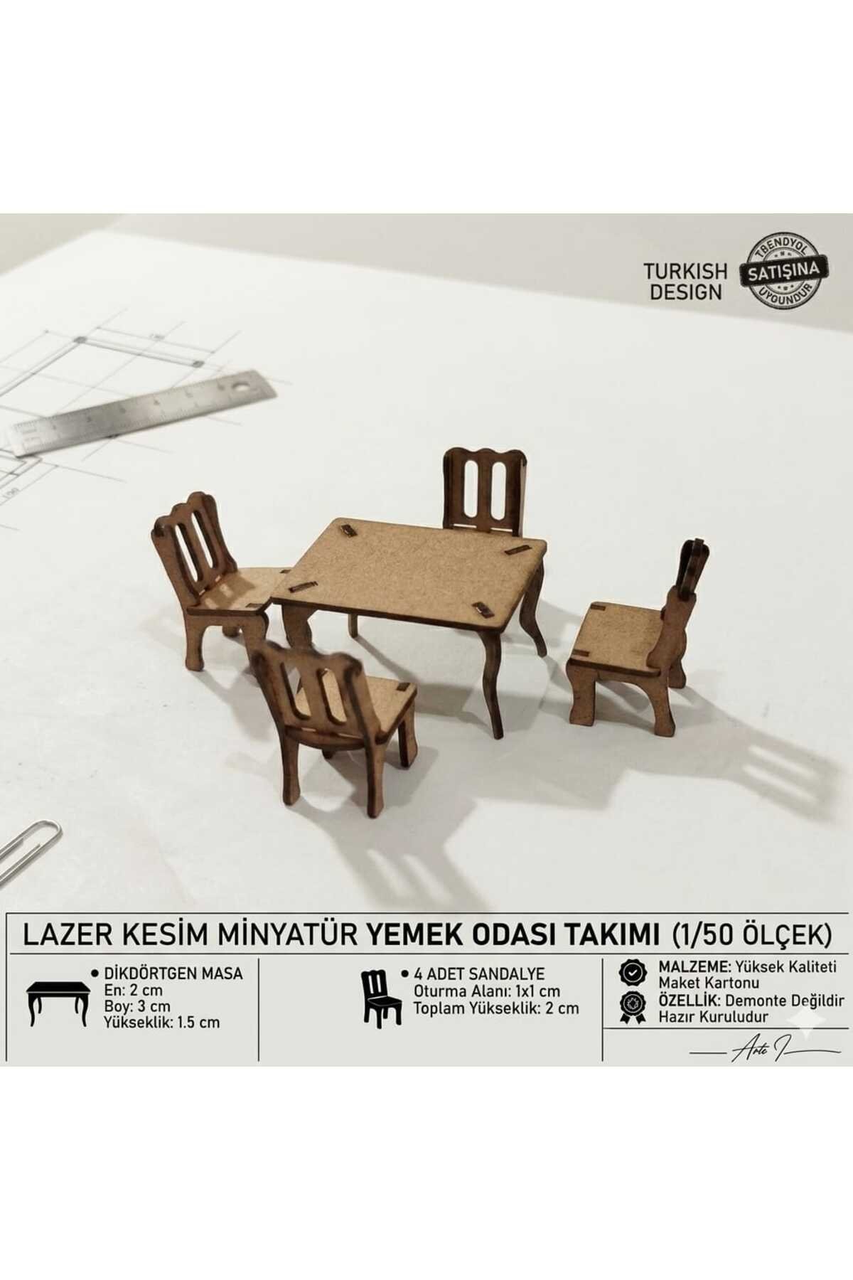 1/50 Ölçek Maket dikdörtgen Masa Sandalye Seti Lazer Kesim Montajlı Minyatür Mobilya tefrişi (4 Sandalye + 1 Masa) - görsel 2