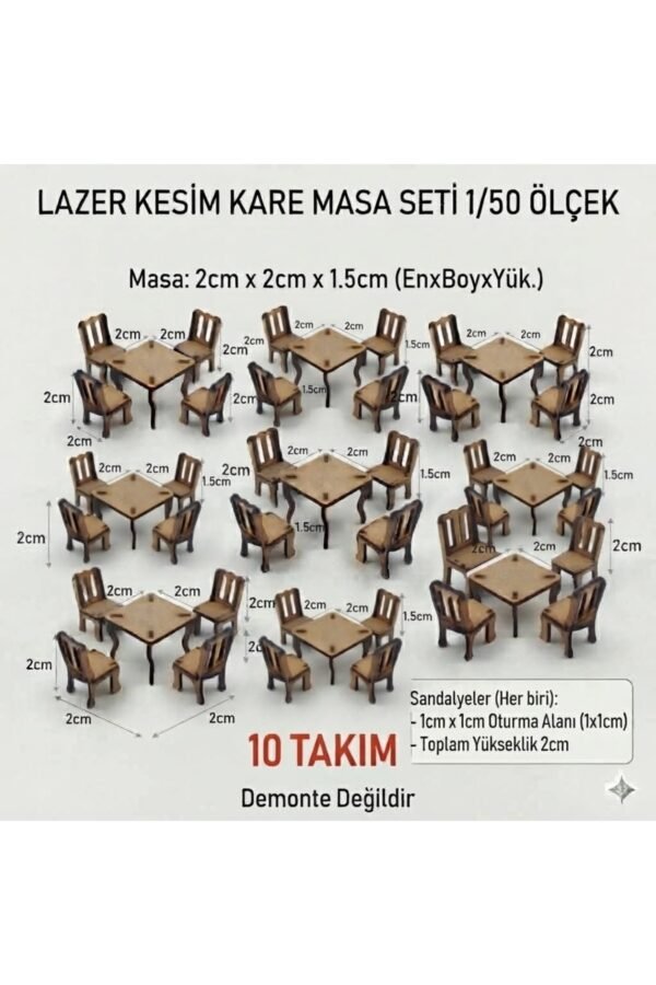 10 set 1/50 Ölçek Maket Kare Masa Sandalye Seti Lazer Kesim Montajlı Minyatür Mobilya tefrişi