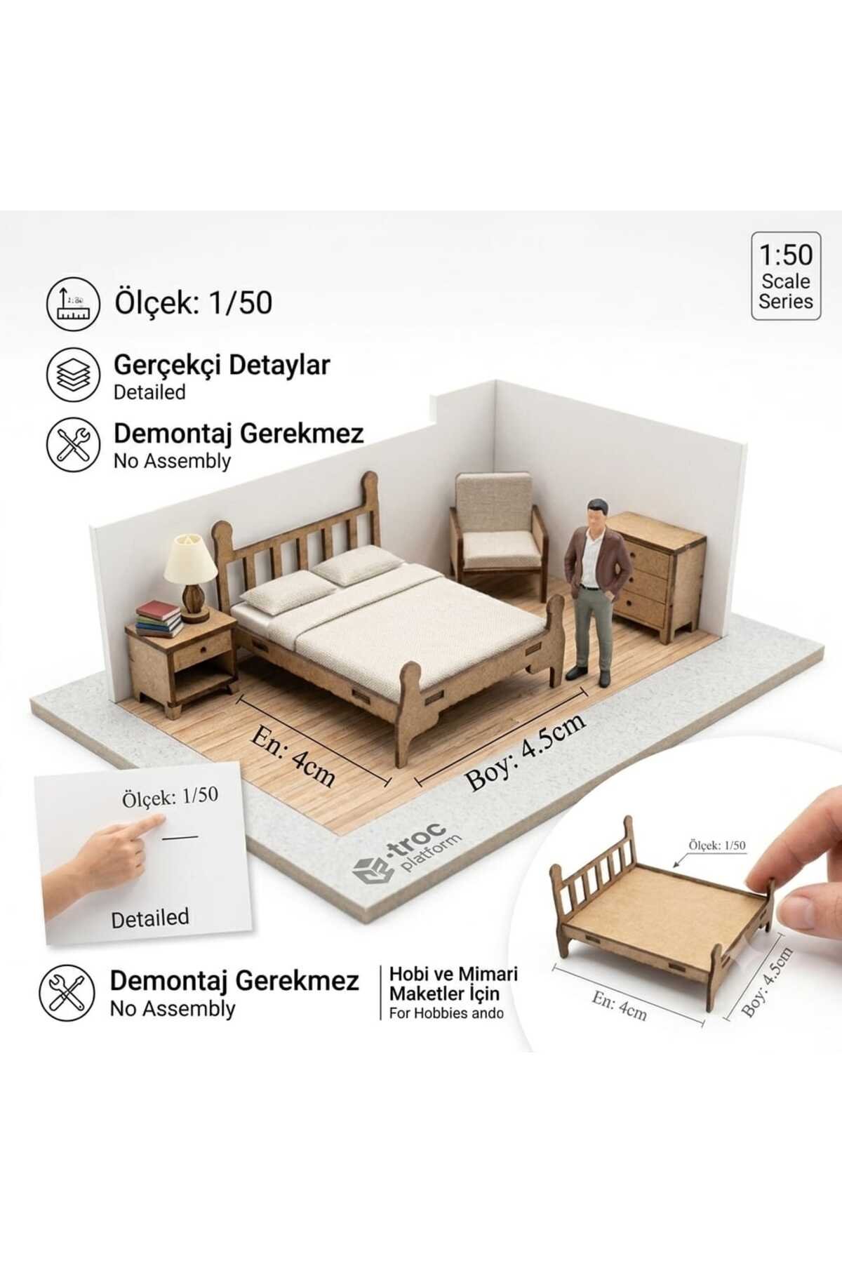 2 adet 1/50 Ölçek Mini lazer kesim Çift Kişilik Yatak Mimari Maket ve Diaroma Malzemesi - görsel 2