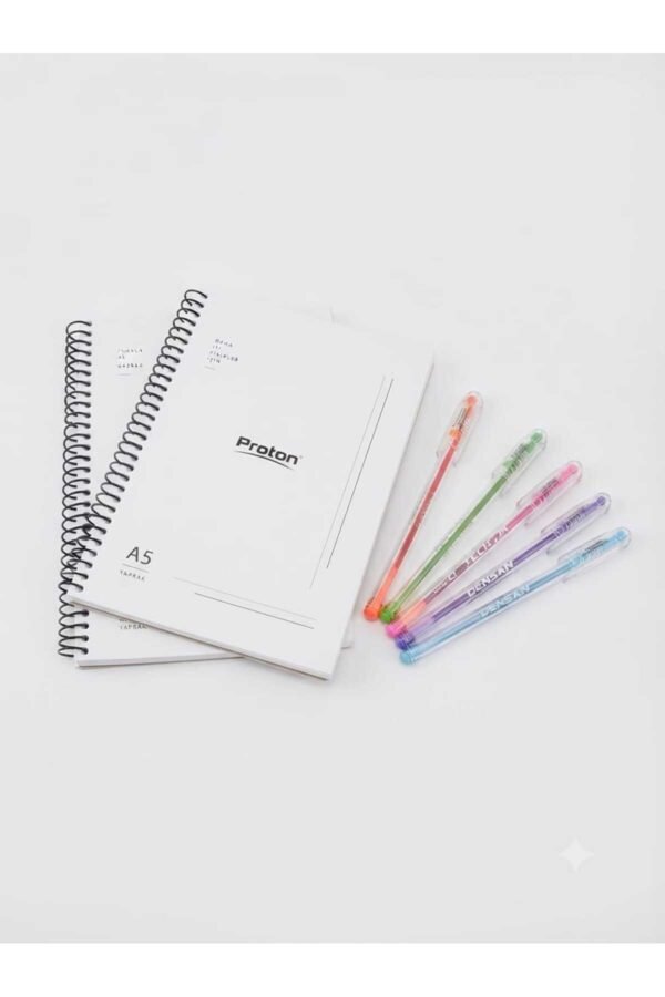 2 Adet 80 yaprak A5 Spiral Çizgisiz Defter ve 5 Adet Renkli Tükenmez Kalem Seti - Ofis Okul Kırtasiye Hediyelik Set