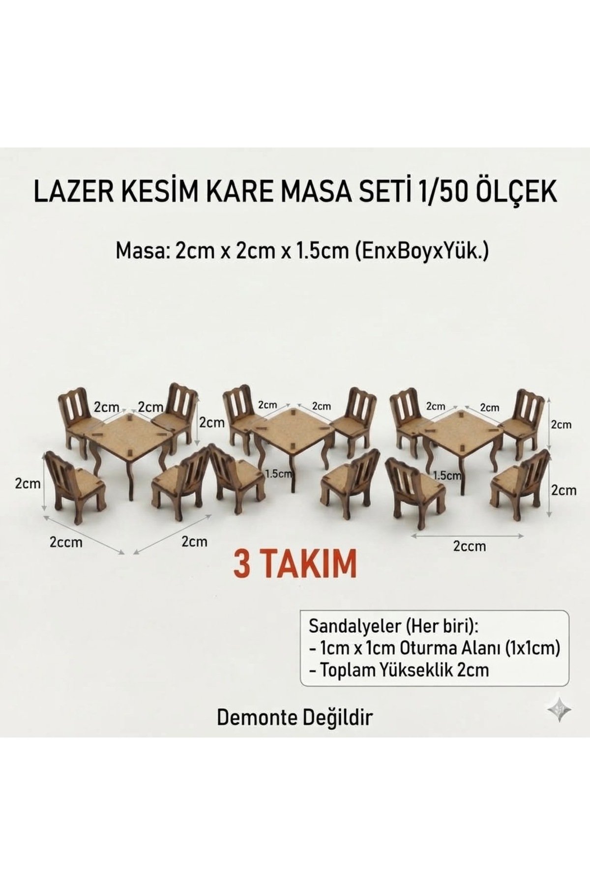 3 set 1/50 Ölçek Maket Kare Masa Sandalye Seti Lazer Kesim Montajlı Minyatür Mobilya tefrişi (12 Sandalye + 3 Masa)