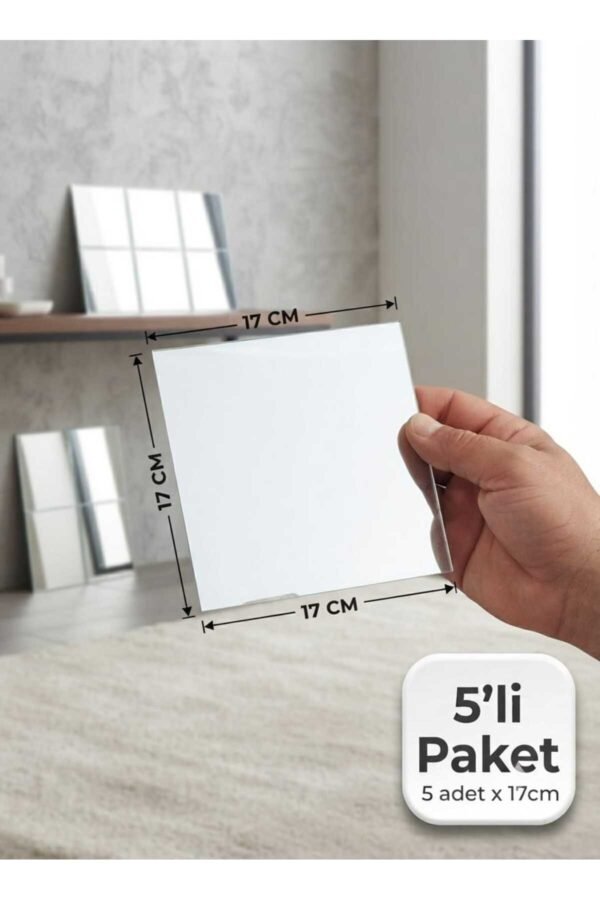 5 adet 13 cm Kare Gümüş Renk Yapışkanlı Aynalı Pleksi Mozaik Ayna